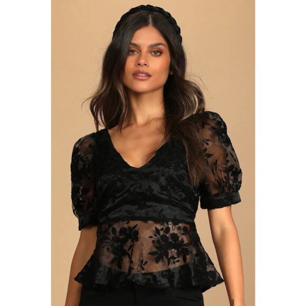 Lulus Women’s Black Embroidered Puff Sleeve Tie Back Top Size L Floral Babydoll